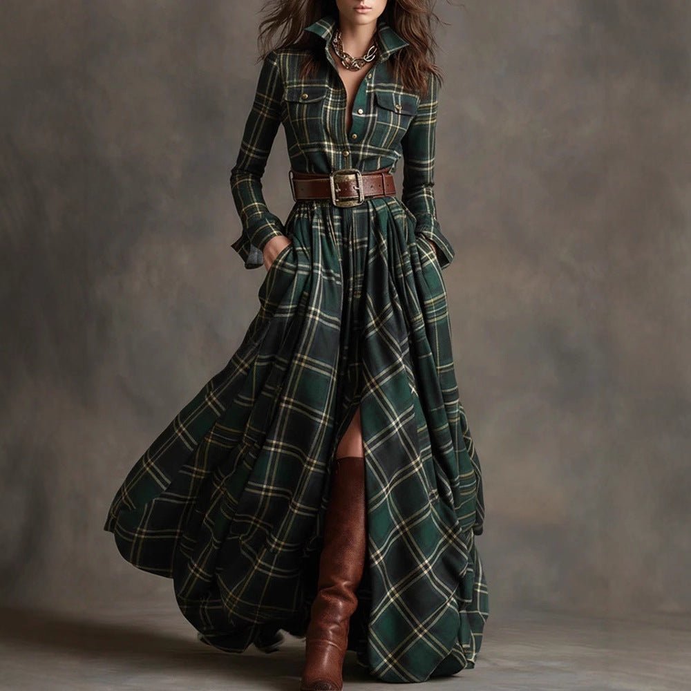Plaid Long Sleeve Button Up Maxi Dress - Bazaare Mart