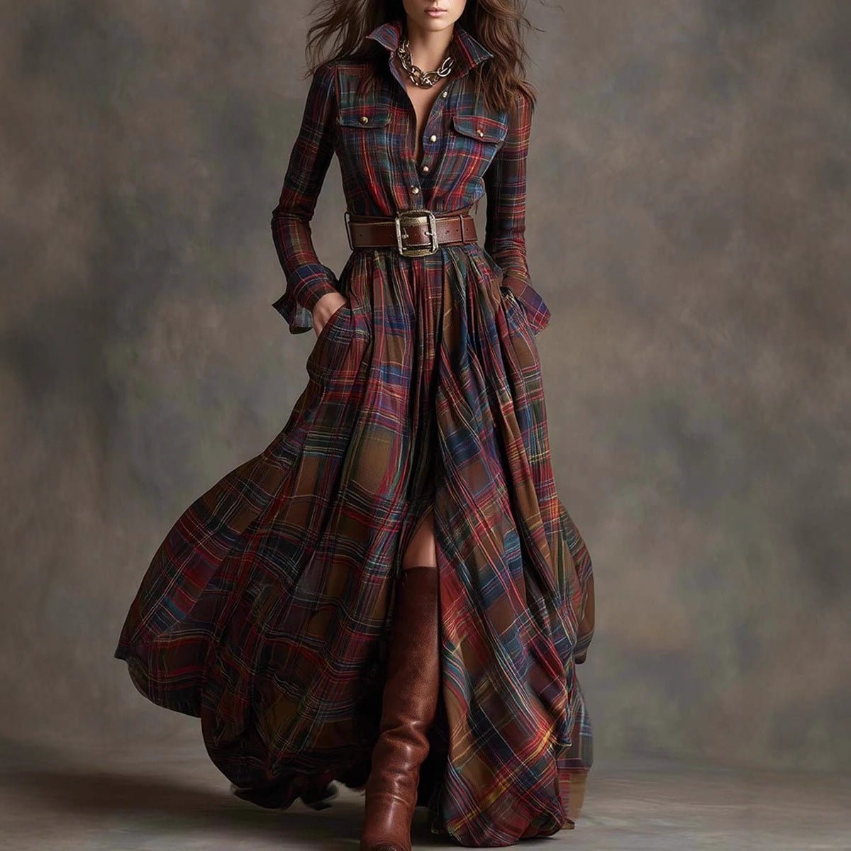 Plaid Long Sleeve Button Up Maxi Dress - Bazaare Mart