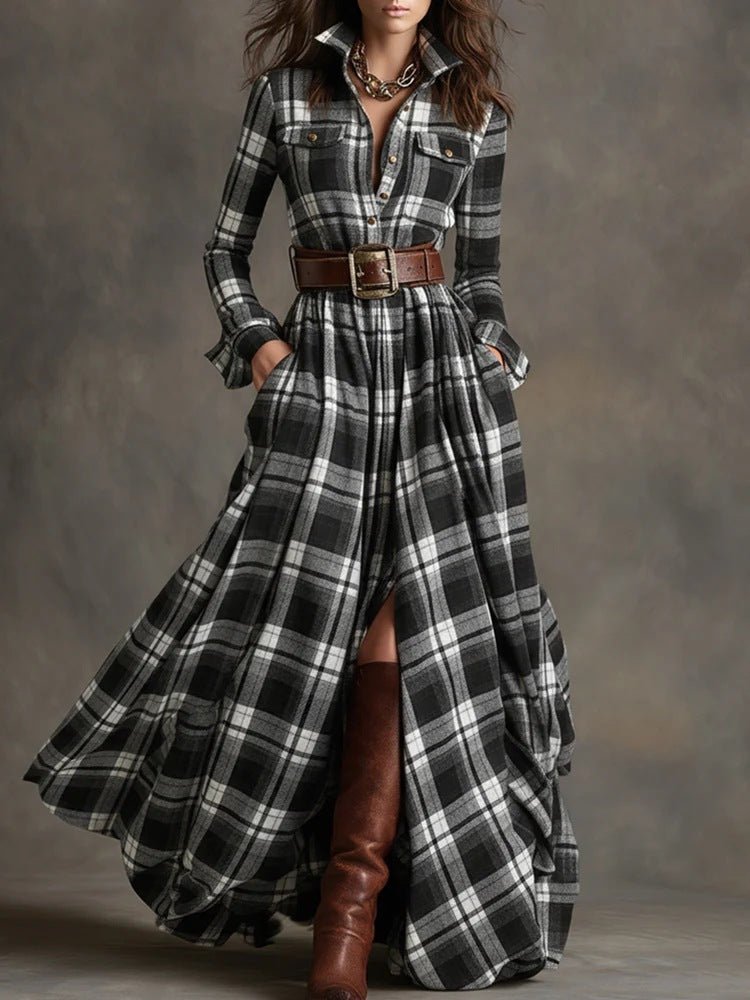 Plaid Long Sleeve Button Up Maxi Dress - Bazaare Mart