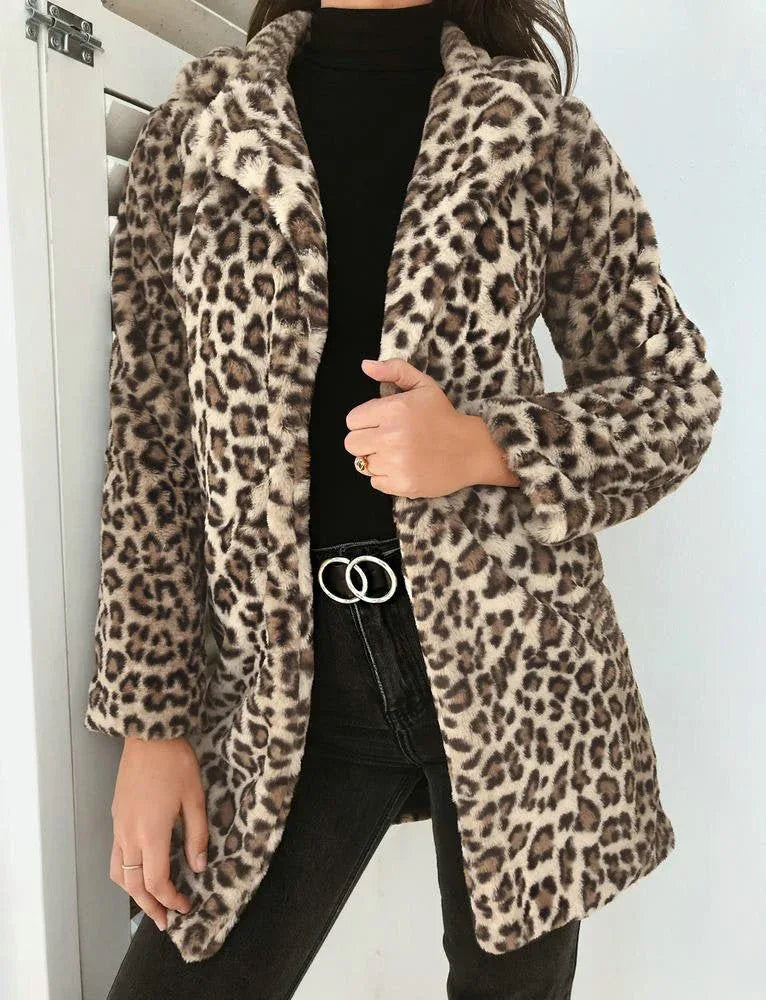 Plush Slim-fit Leopard Coat Cream color Bazaare Mart Leopard Open Front Cardigan