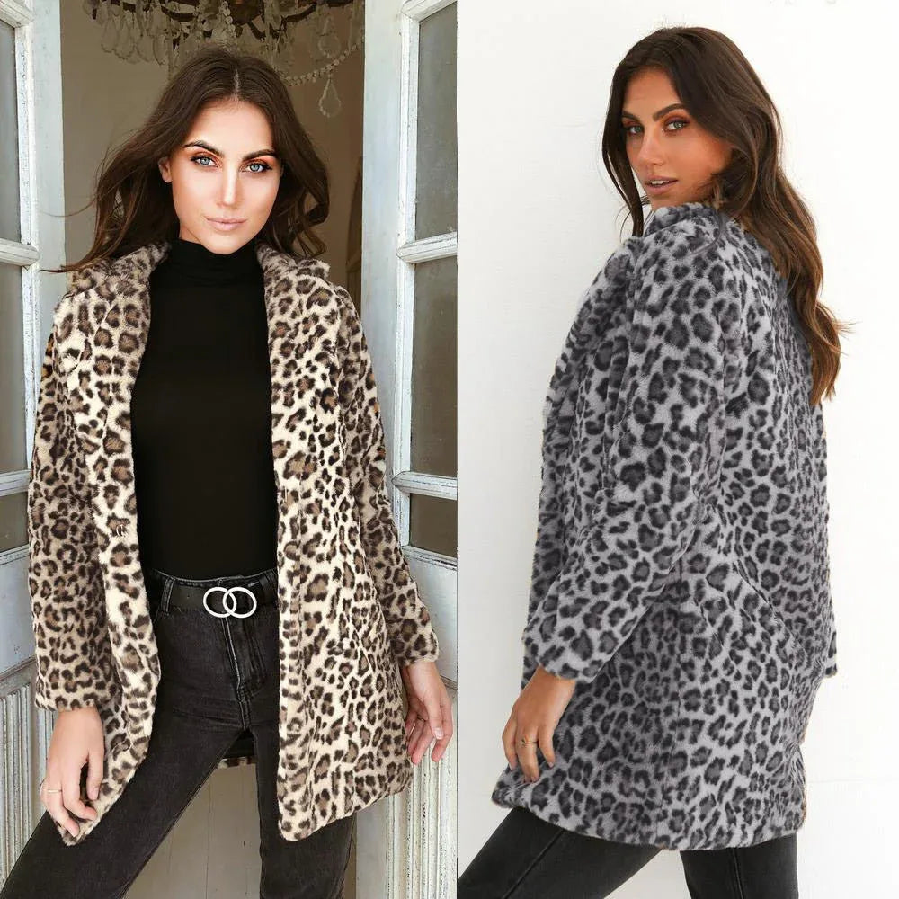 Plush Slim-fit Leopard Coat Bazaare Mart Leopard Open Front Cardigan