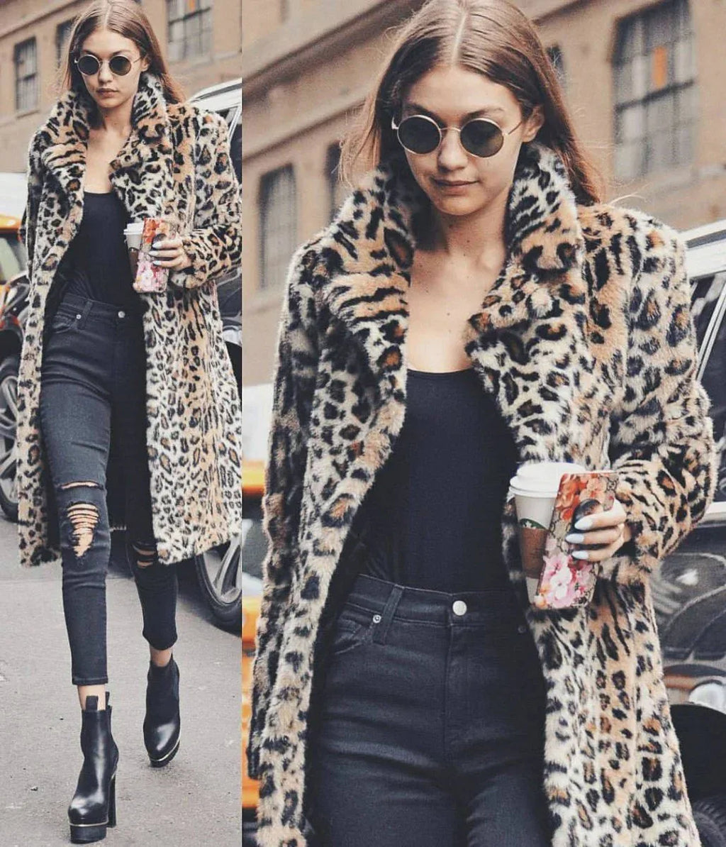 Plush Slim-fit Leopard Coat Bazaare Mart Leopard Open Front Cardigan