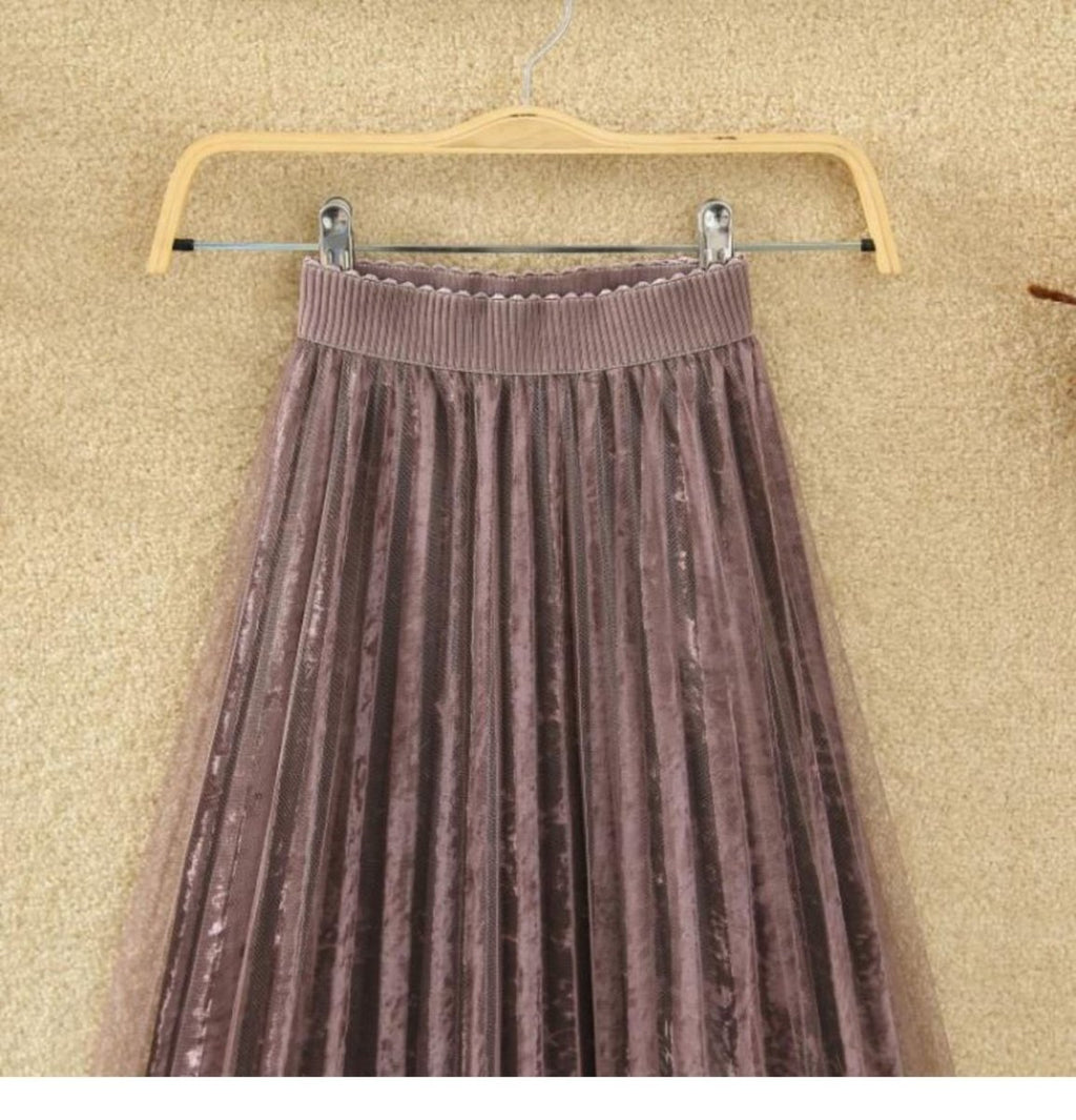 Plush Velvet Pleated Midi Skirt - Bazaare Mart