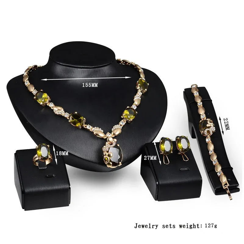 Posh Green & Gold Necklace Earrings Bracelet 4pc Set - Bazaare Mart