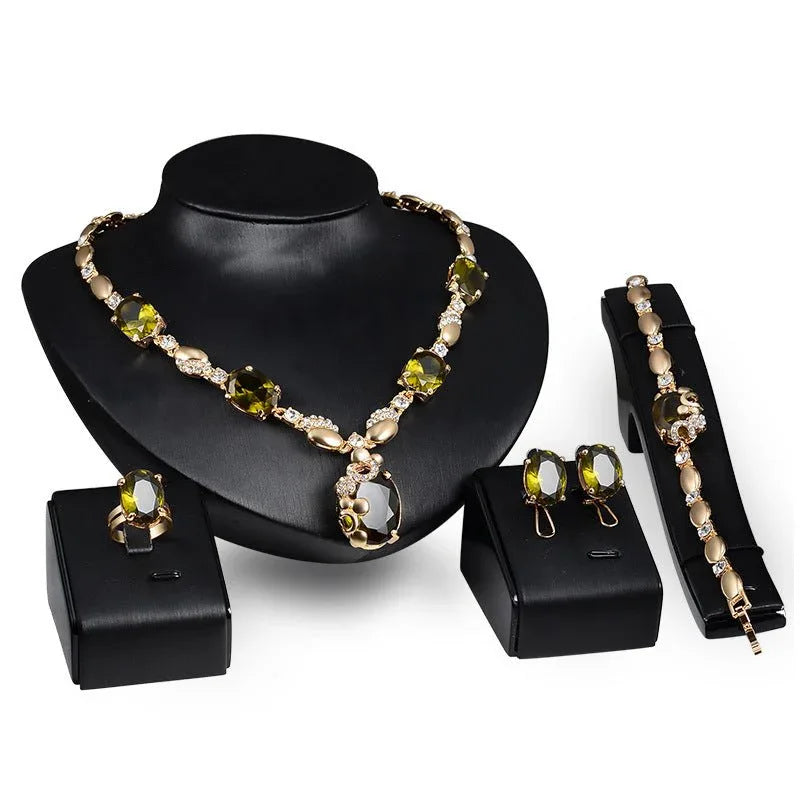 Posh Green & Gold Necklace Earrings Bracelet 4pc Set - Bazaare Mart