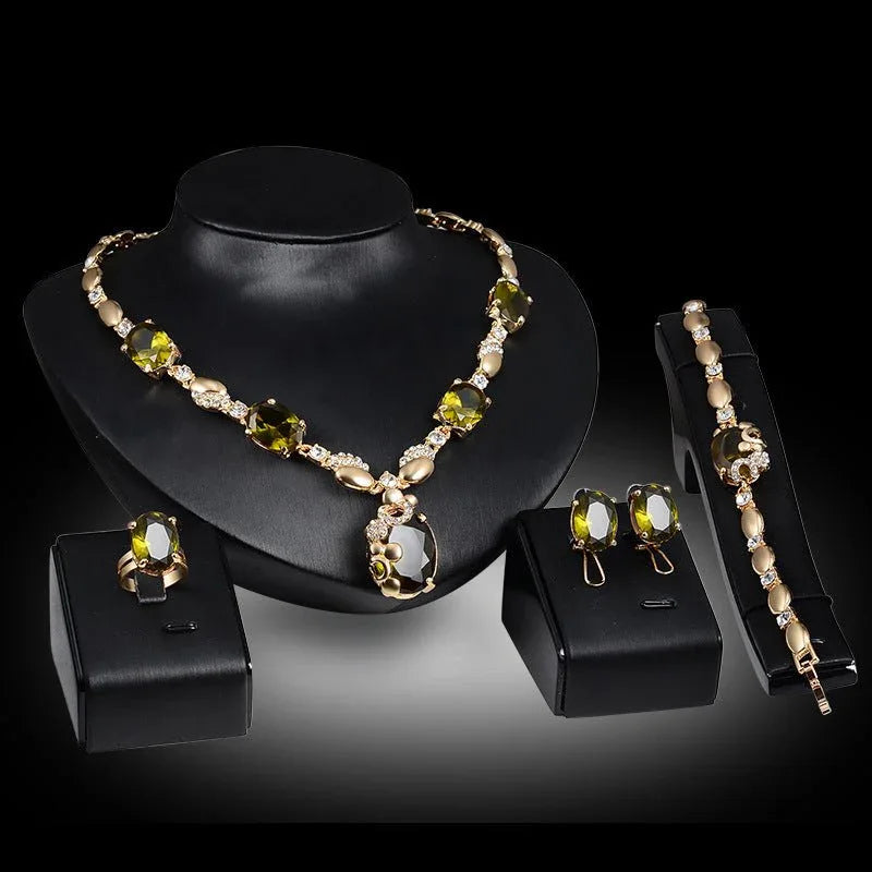 Posh Green & Gold Necklace Earrings Bracelet 4pc Set - Bazaare Mart