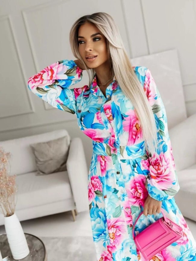 Printed Button Front Maxi Shirt Dress - Bazaare Mart
