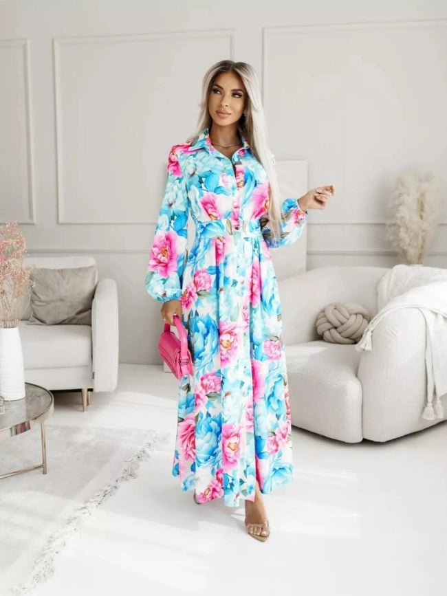 Printed Button Front Maxi Shirt Dress - Bazaare Mart