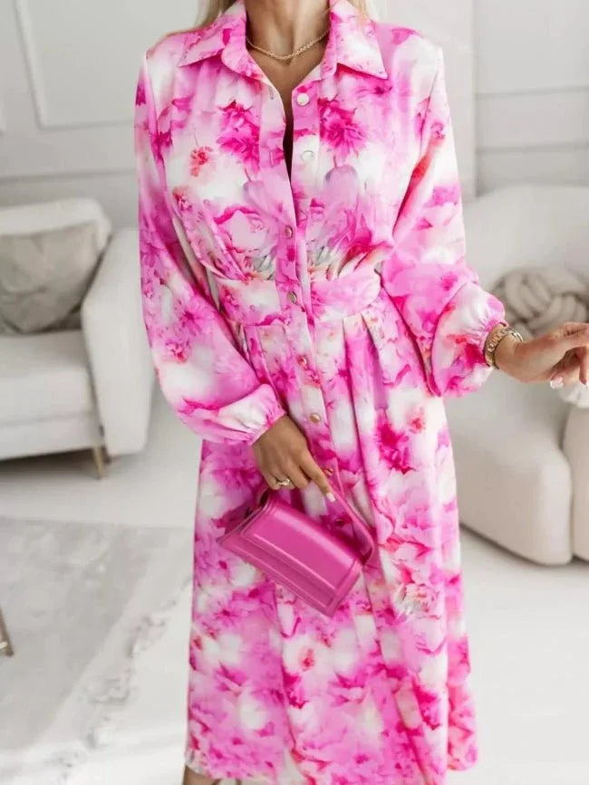 Printed Button Front Maxi Shirt Dress Pink Bazaarre Mart Printed Button Front Maxi Shirt Dress