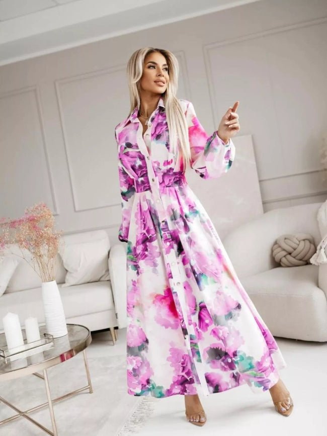 Printed Button Front Maxi Shirt Dress - Bazaare Mart