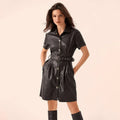 PU Leather Short Sleeve Mini Shirt Dress Black Bazaare Mart PU Leather Short Sleeve Button Up Mini S