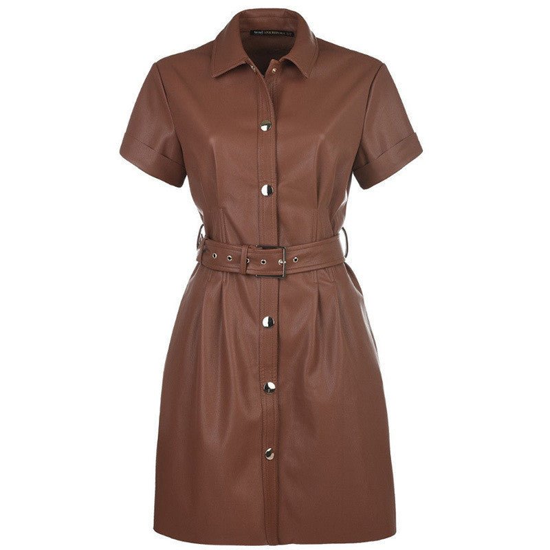 PU Leather Short Sleeve Mini Shirt Dress - Bazaare Mart