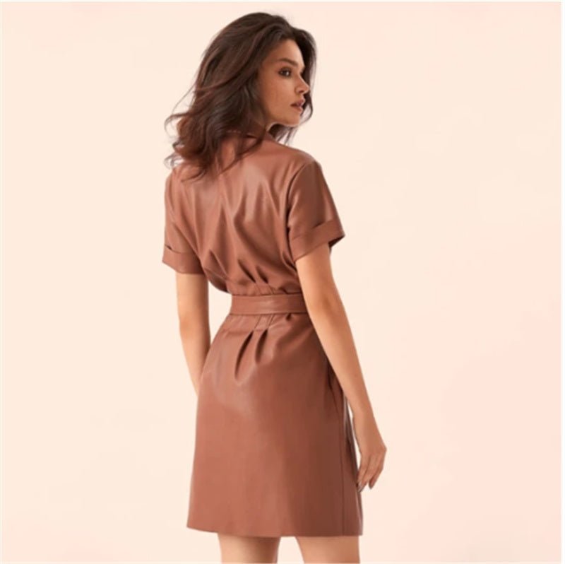 PU Leather Short Sleeve Mini Shirt Dress - Bazaare Mart