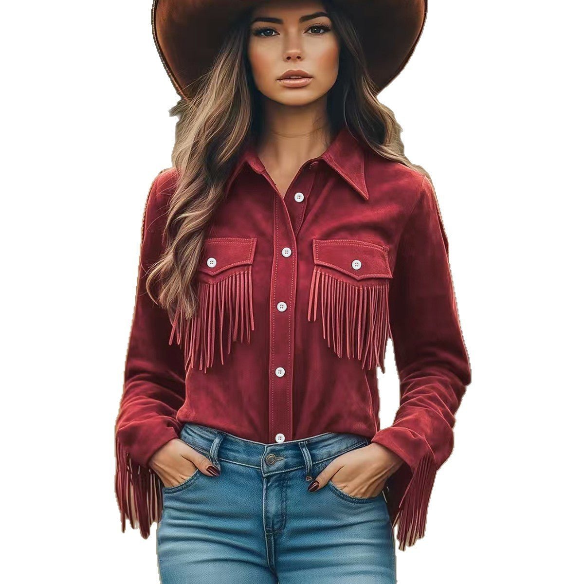 PU Suede Fringe Button Up Long Sleeve Shirt - Bazaare Mart