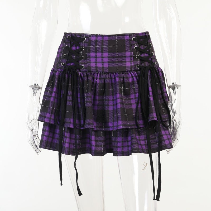 Purple Plaid Ruffle Gothic Lace - up Skirt - Bazaare Mart