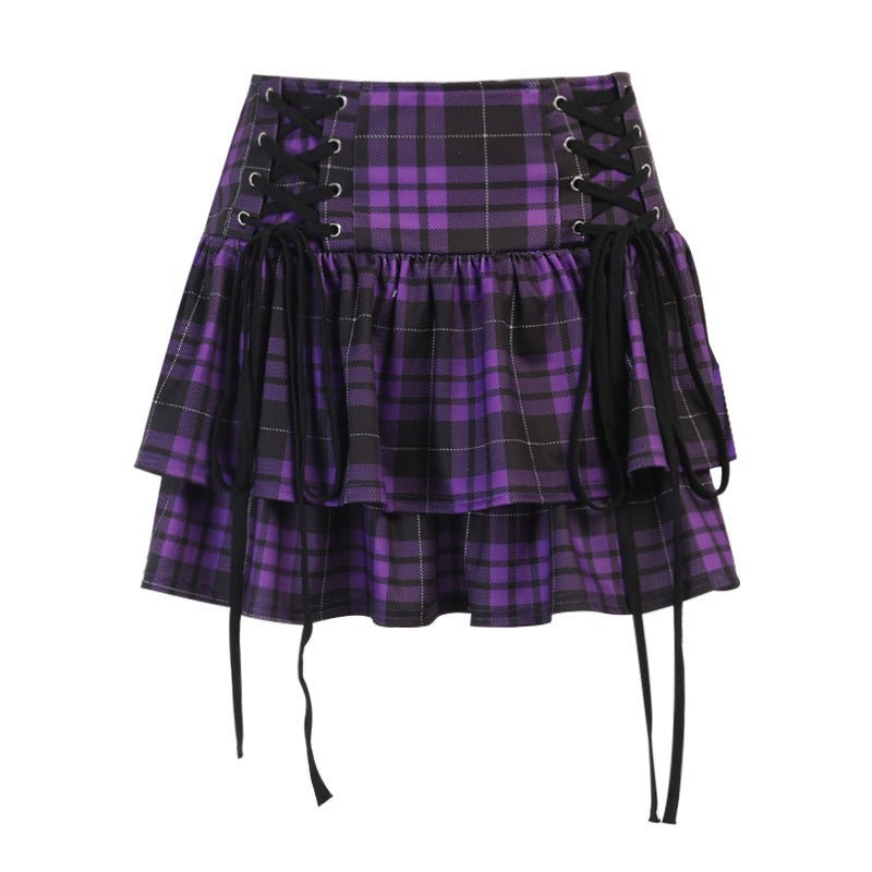 Purple Plaid Ruffle Gothic Lace - up Skirt - Bazaare Mart