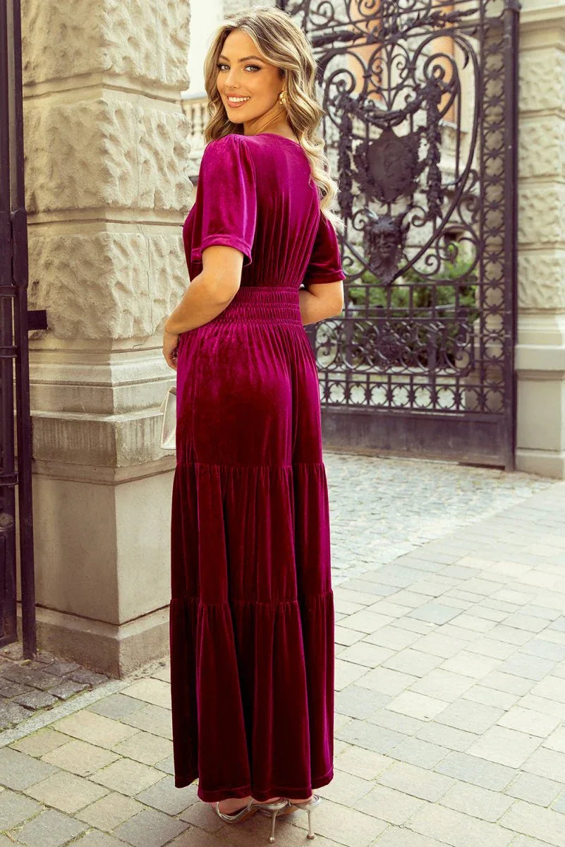 Red Dahlia Velvet Short Sleeve Shirred Waist Tiered Maxi Dress Bazaare Mart Dresses/Maxi Dresses