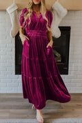 Red Dahlia Velvet Short Sleeve Shirred Waist Tiered Maxi Dress Red Dahlia 95%Polyester+5%Elastane Bazaare Mart Dresses/Maxi Dresses