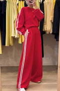 Red Varsity Striped Detail Sweatsuit Fiery Red 65%Polyester+35%Cotton Dear-Lover Dropshipping Two Piece Sets/Pant Sets