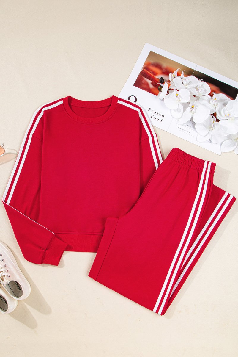 Red Varsity Striped Detail Sweatsuit - Bazaare Mart