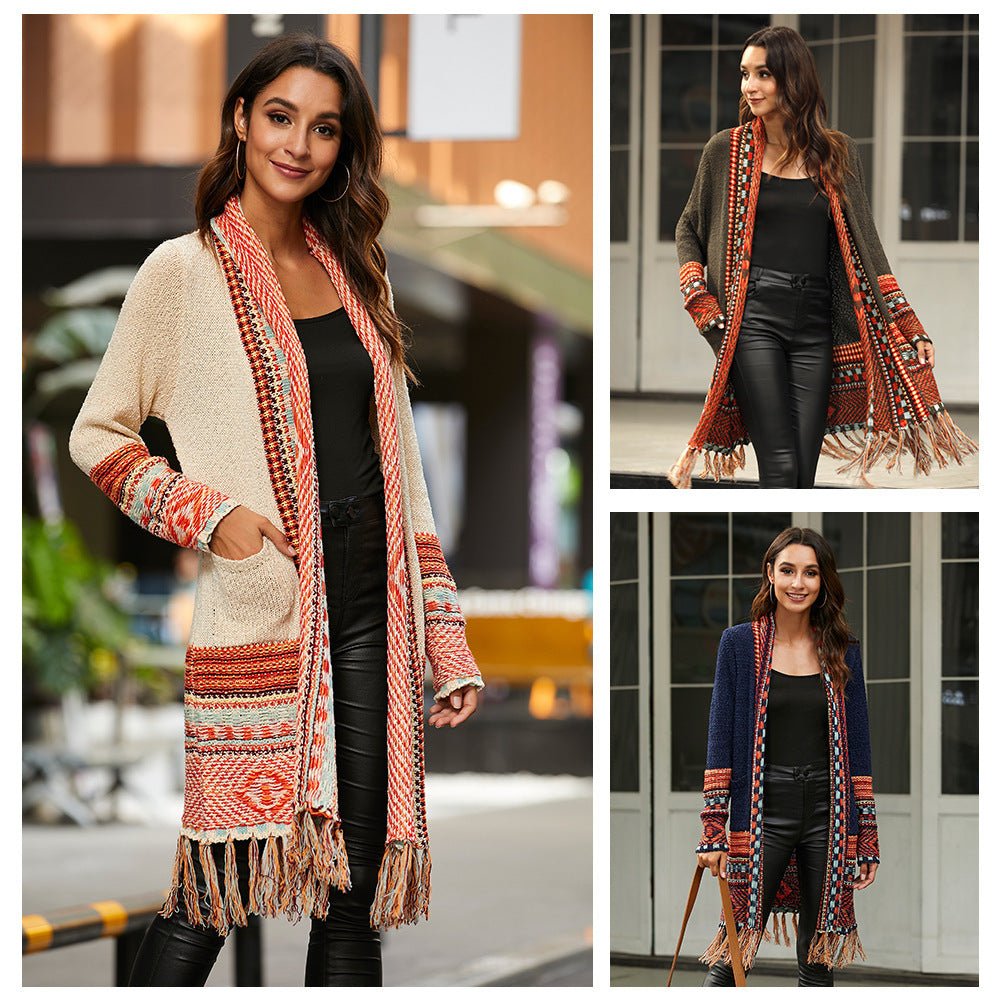 Retro Ethnic Tasseled Sweater Coat - Bazaare Mart