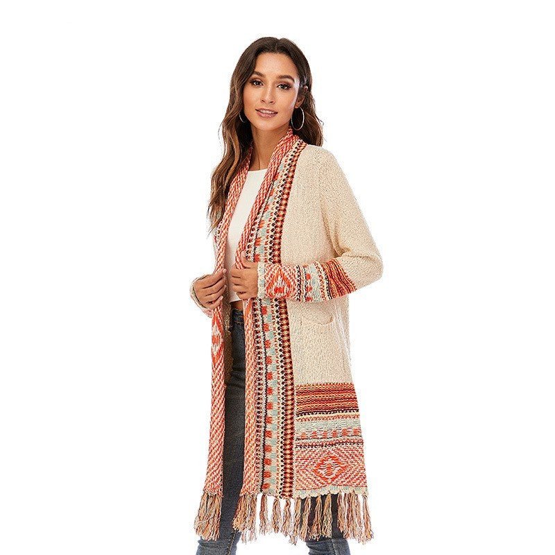 Retro Ethnic Tasseled Sweater Coat - Bazaare Mart