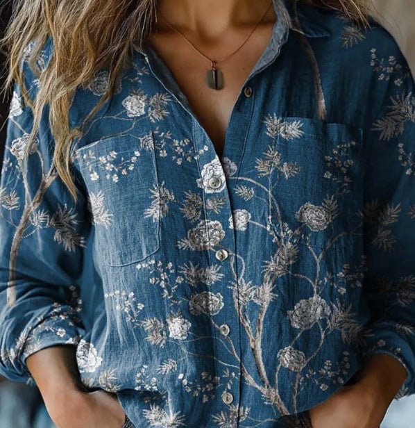 Retro Floral Denim Long Sleeved Shirt - Bazaare Mart