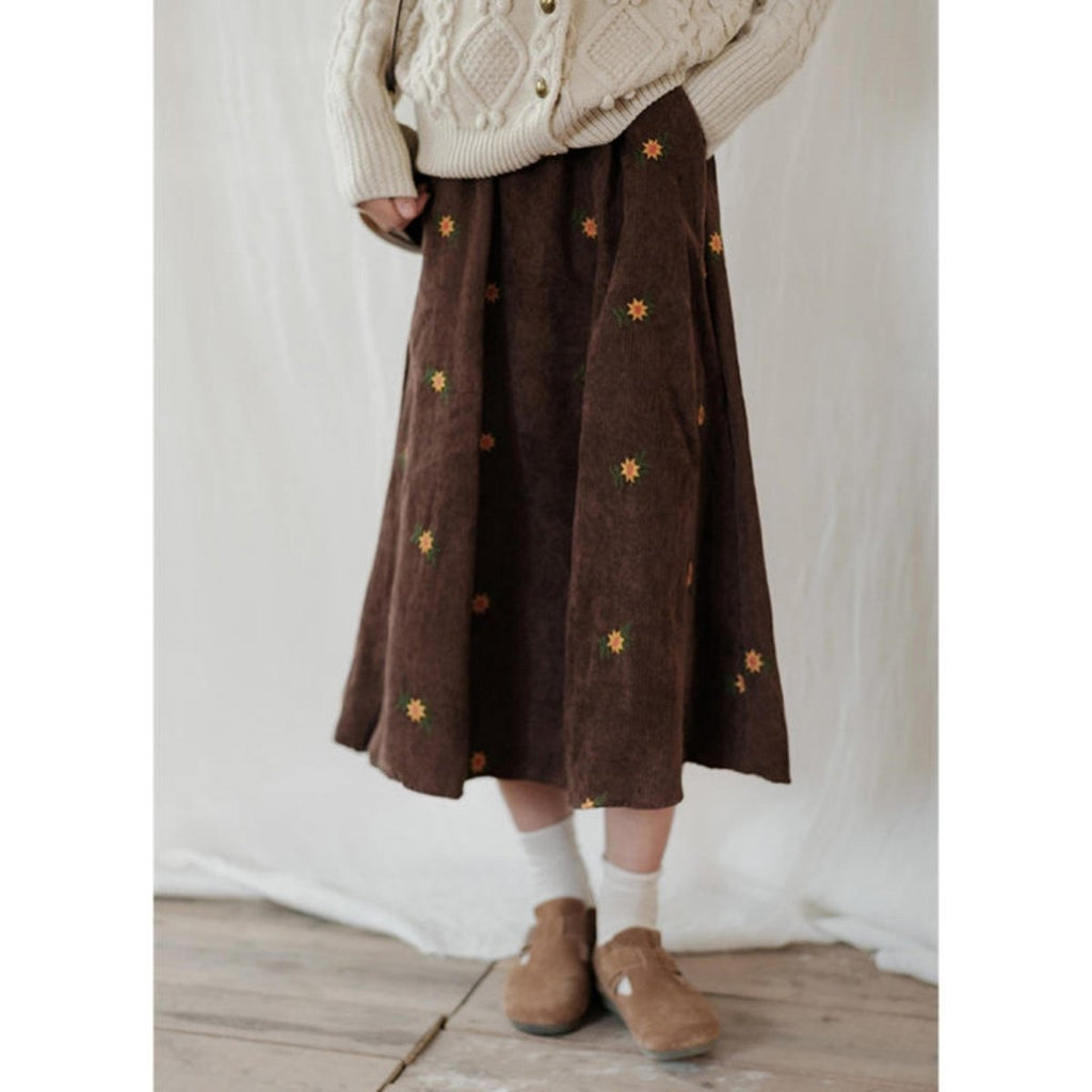 Retro Floral Embroidered Brown Corduroy Midi Skirt - Bazaare Mart