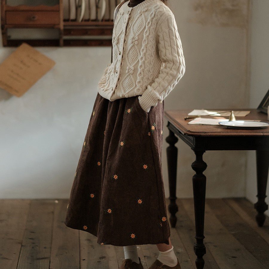Retro Floral Embroidered Brown Corduroy Midi Skirt - Bazaare Mart