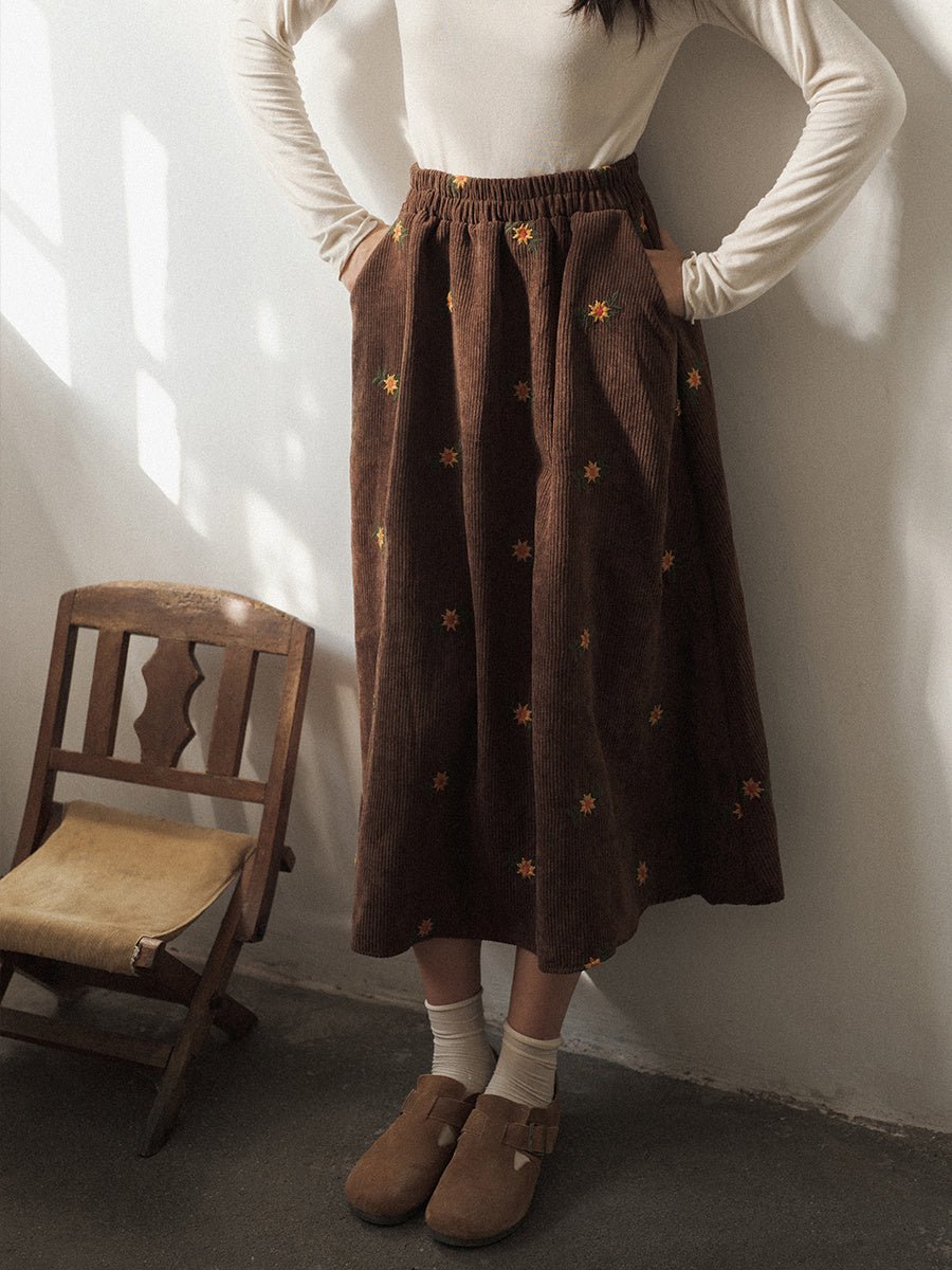 Retro Floral Embroidered Brown Corduroy Midi Skirt - Bazaare Mart