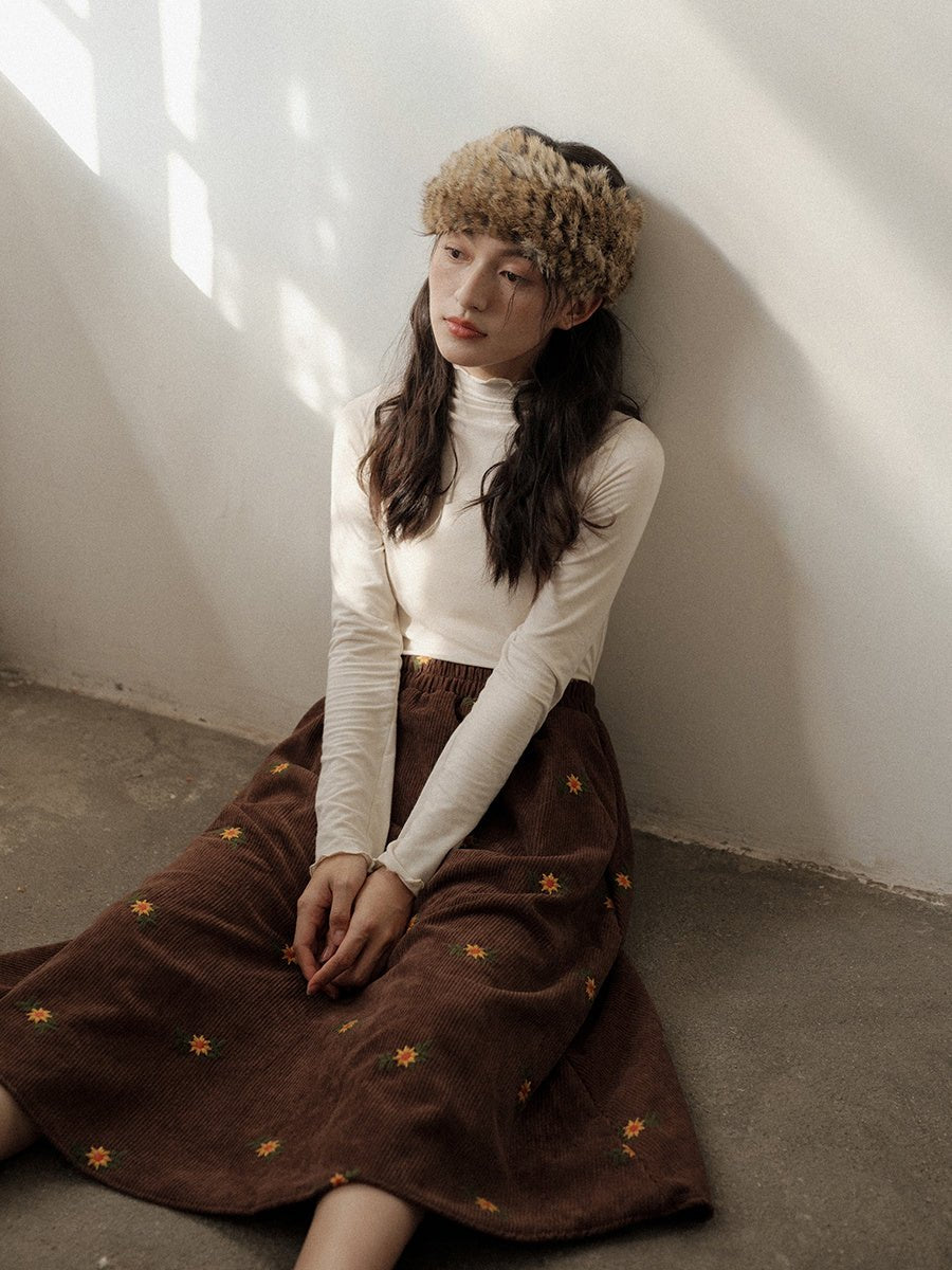 Retro Floral Embroidered Brown Corduroy Midi Skirt - Bazaare Mart