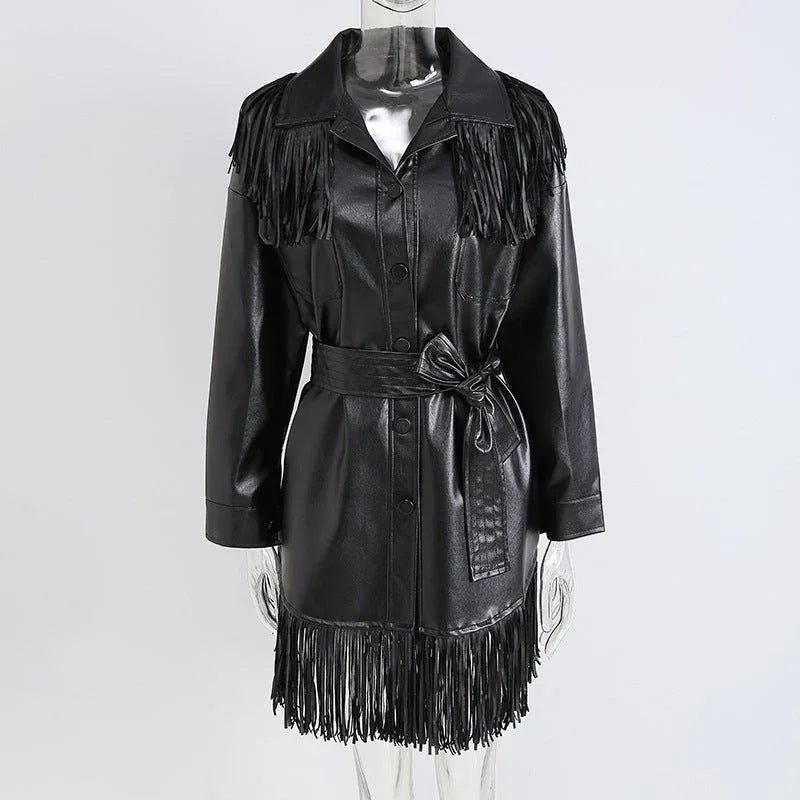 Retro High Neck Fringed PU leather Coat Bazaare Mart Fringe PU Leather Dress Coat