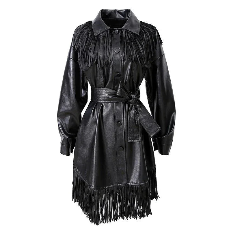Retro High Neck Fringed PU leather Coat Black One size Bazaare Mart Fringe PU Leather Dress Coat