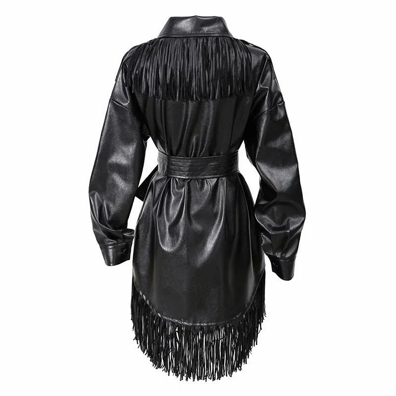 Retro High Neck Fringed PU leather Coat Bazaare Mart Fringe PU Leather Dress Coat
