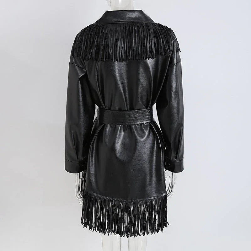 Retro High Neck Fringed PU leather Coat Bazaare Mart Fringe PU Leather Dress Coat