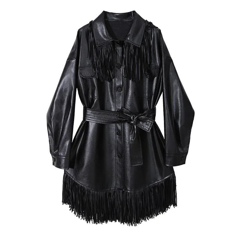Retro High Neck Fringed PU leather Coat Bazaare Mart Fringe PU Leather Dress Coat
