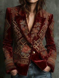 Retro Printed Velvet Blazer Burgundy Bazaare Mart Painted Velvet Blazer