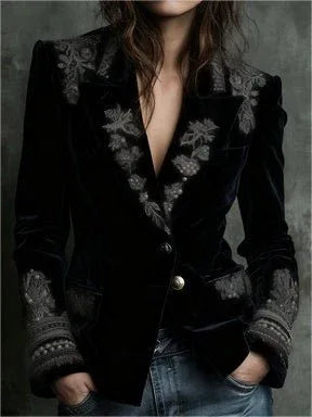 Retro Printed Velvet Blazer Black Bazaare Mart Painted Velvet Blazer