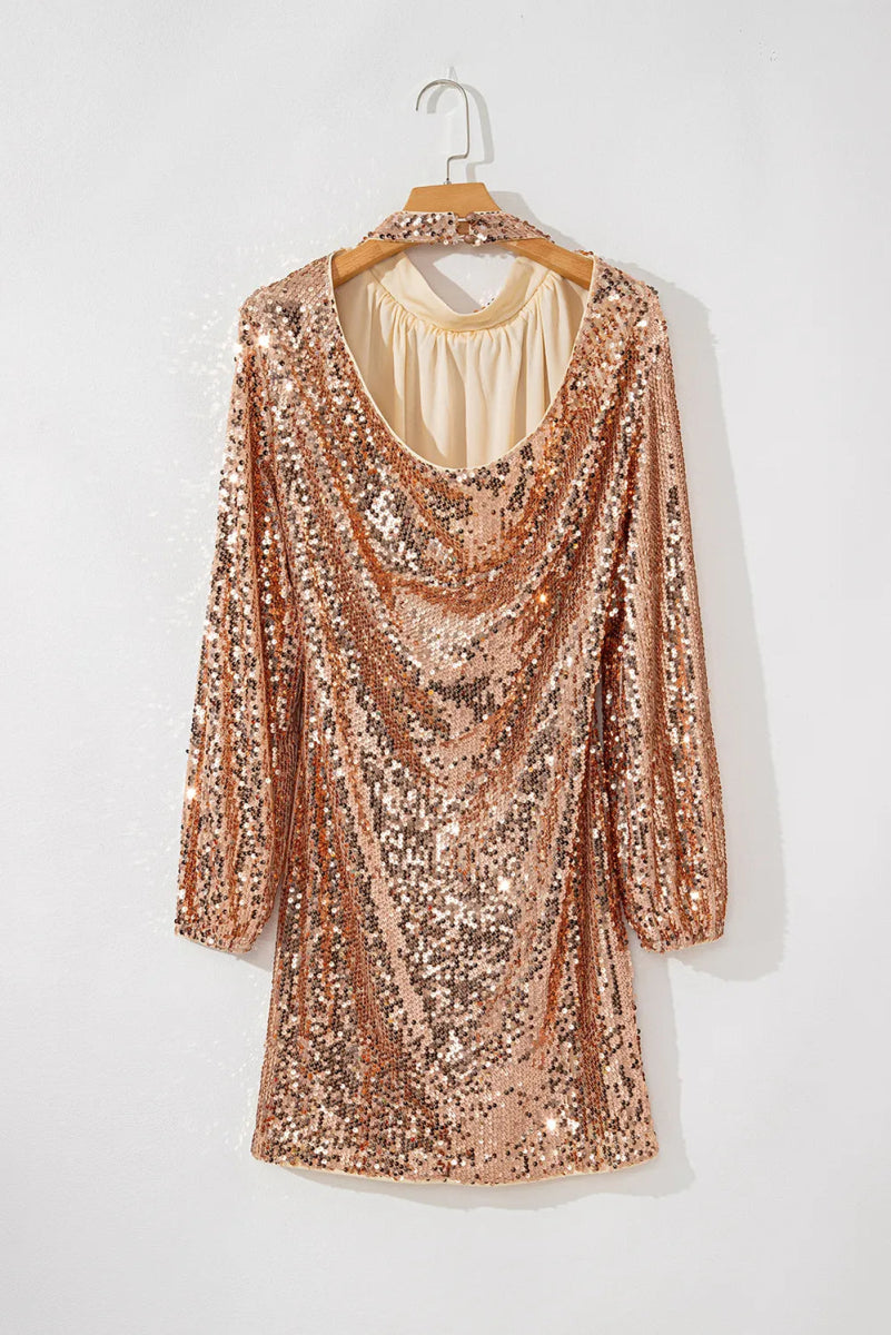 Rose Gold Sequin Backless Mock Neck Long Sleeve Mini Dress - Bazaare Mart