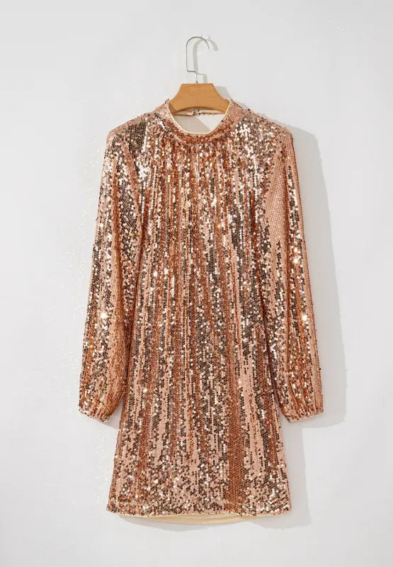 Rose Gold Sequin Backless Mock Neck Long Sleeve Mini Dress - Bazaare Mart