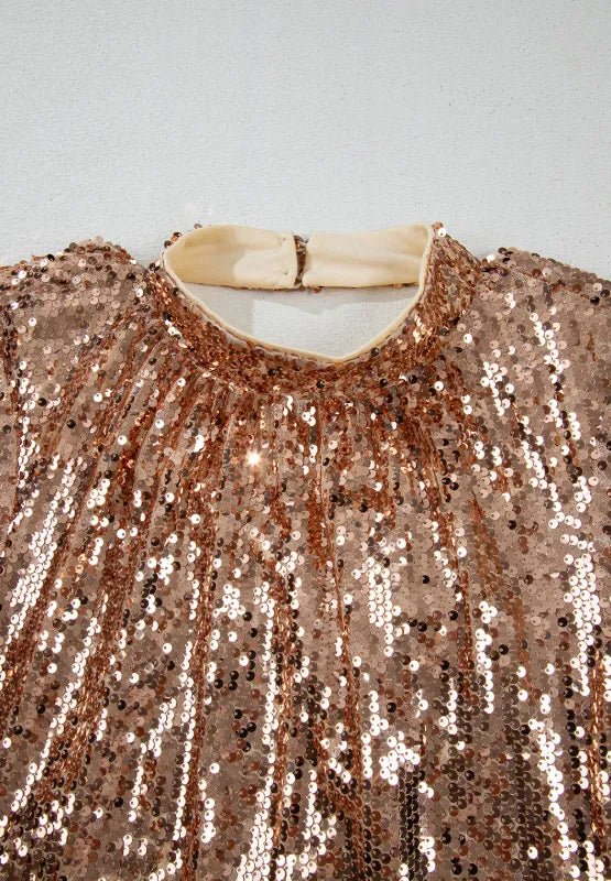 Rose Gold Sequin Backless Mock Neck Long Sleeve Mini Dress - Bazaare Mart