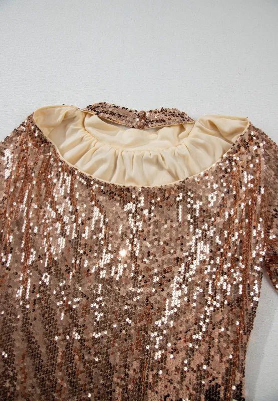 Rose Gold Sequin Backless Mock Neck Long Sleeve Mini Dress - Bazaare Mart