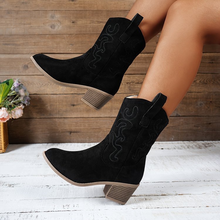 Round Toe Mid Calf Western Boots - Bazaare Mart