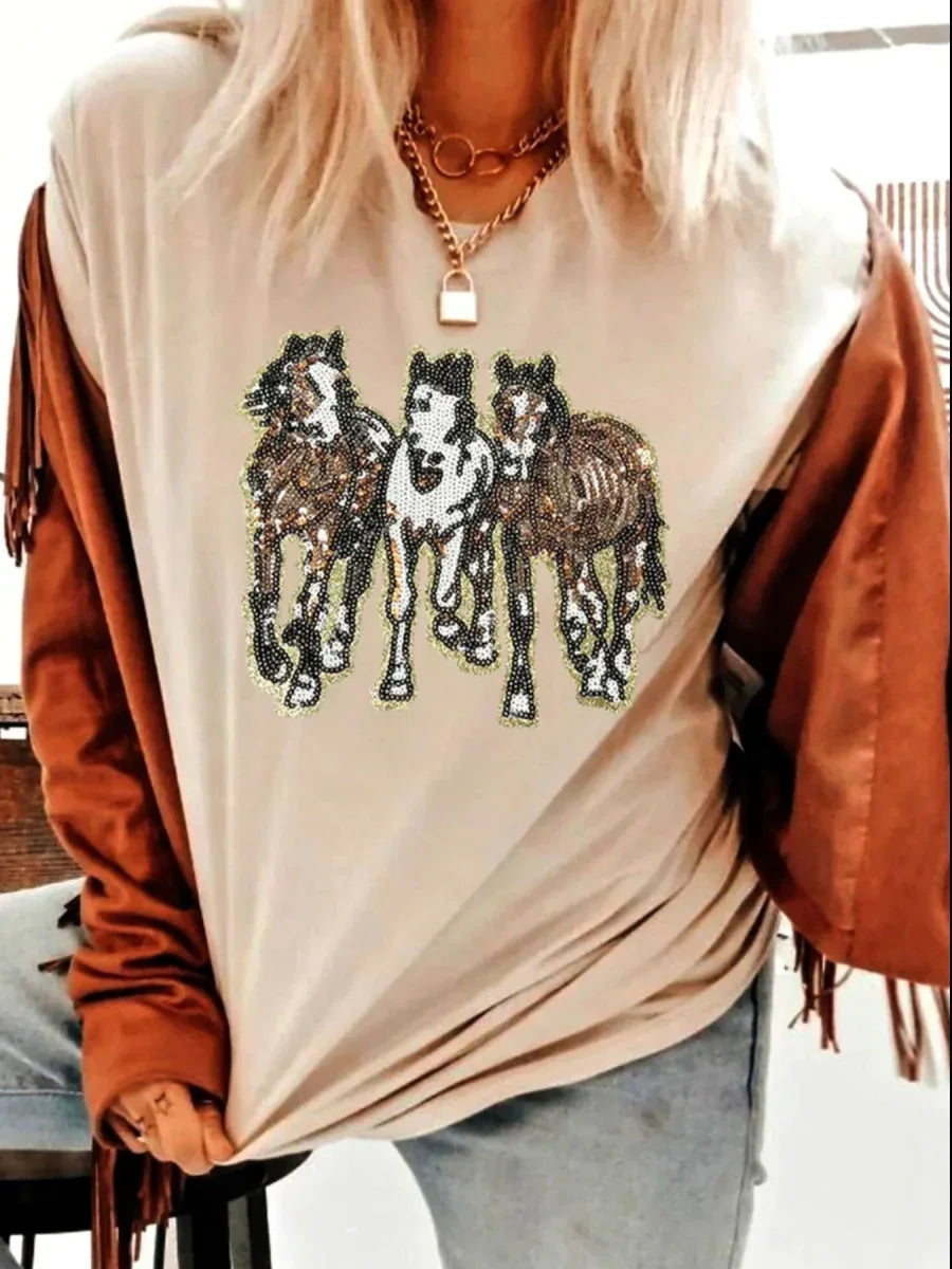 Sequin Horses Casual Crewneck T Shirt Bazaare Mart Sequin Horses Patched Casual Crewneck T Shirt