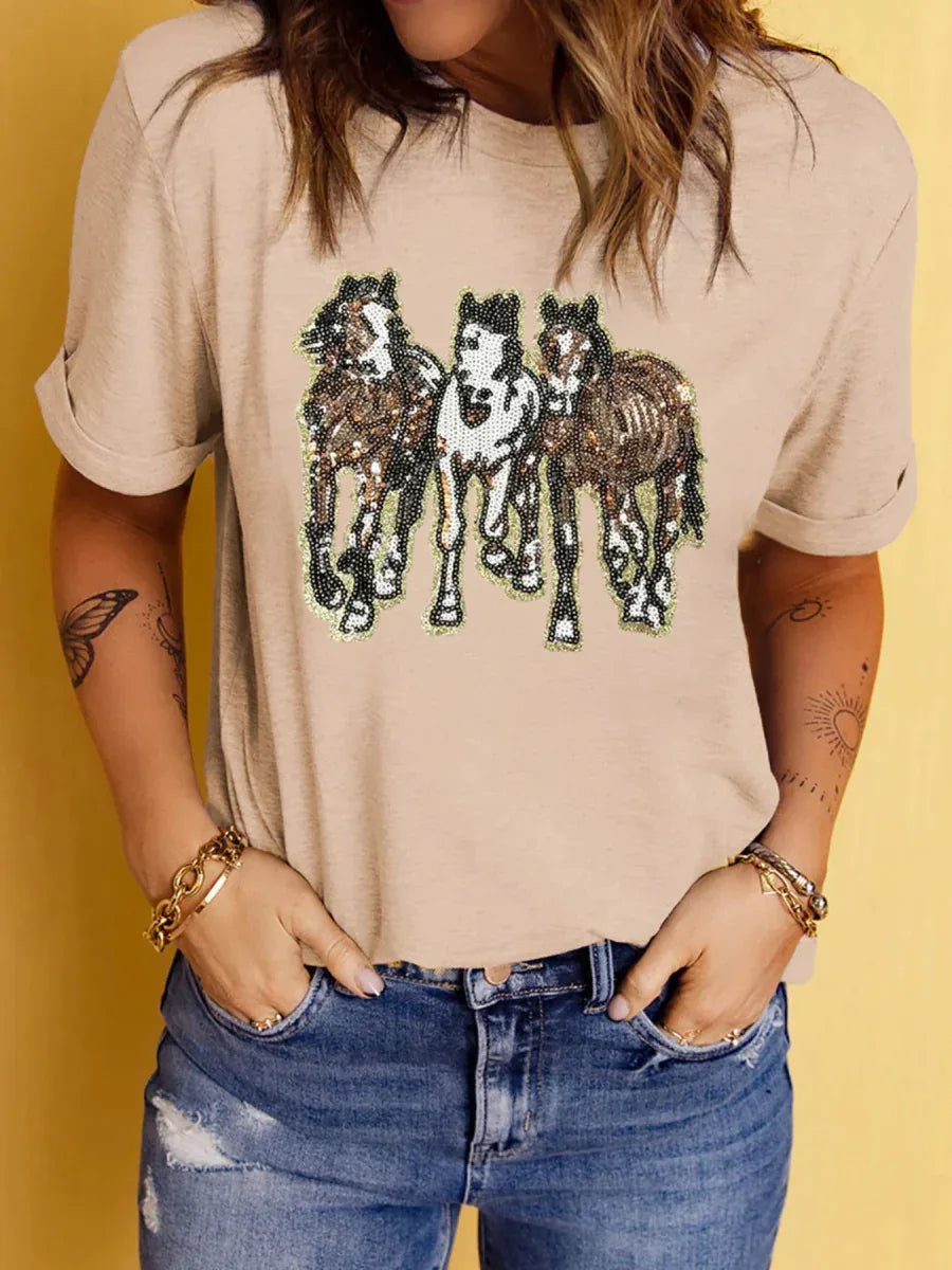 Sequin Horses Casual Crewneck T Shirt Bazaare Mart Sequin Horses Patched Casual Crewneck T Shirt