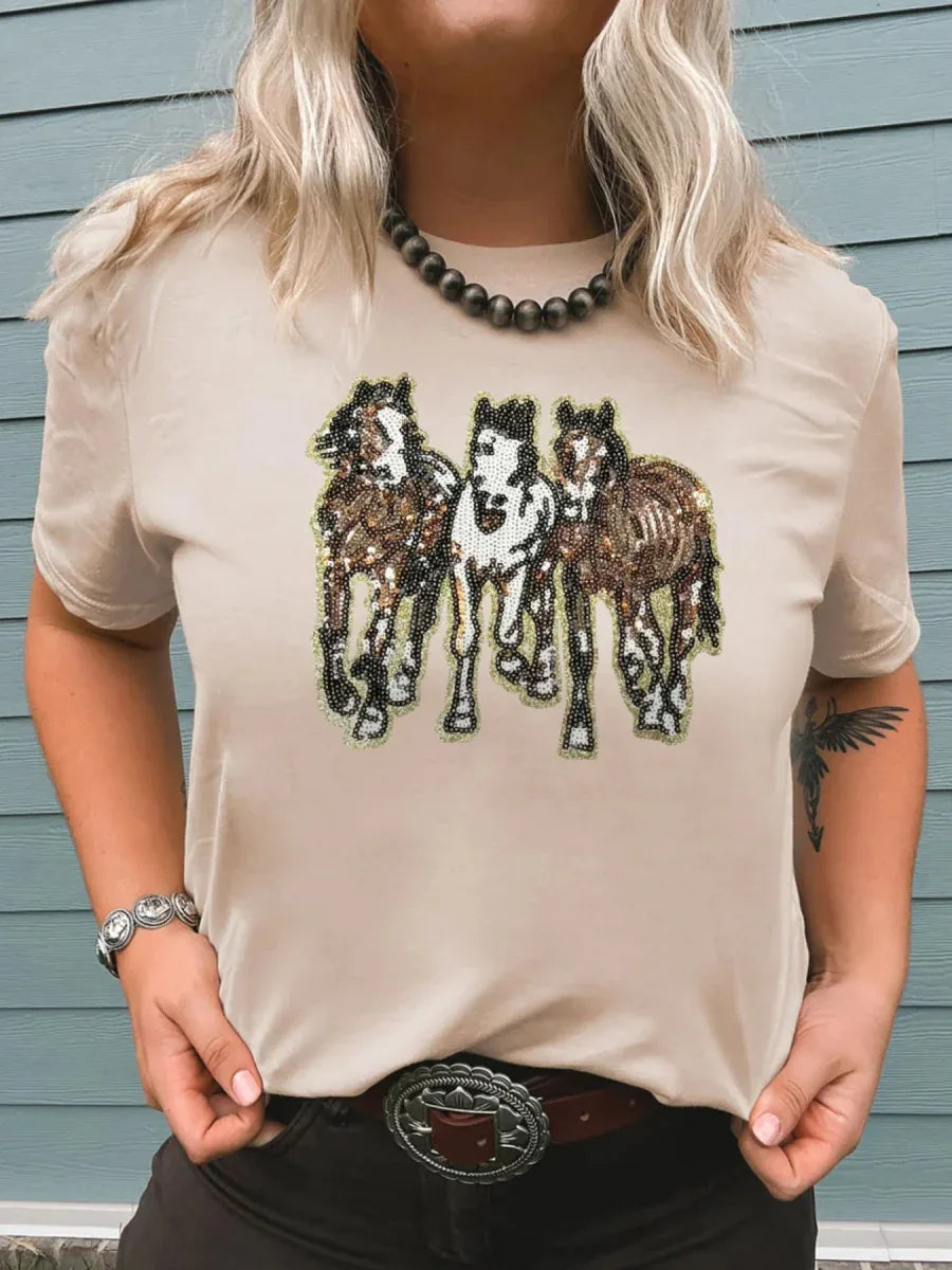 Sequin Horses Casual Crewneck T Shirt Bazaare Mart Sequin Horses Patched Casual Crewneck T Shirt