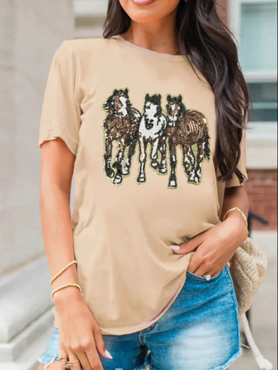 Sequin Horses Casual Crewneck T Shirt Khaki Bazaare Mart Sequin Horses Patched Casual Crewneck T Shirt
