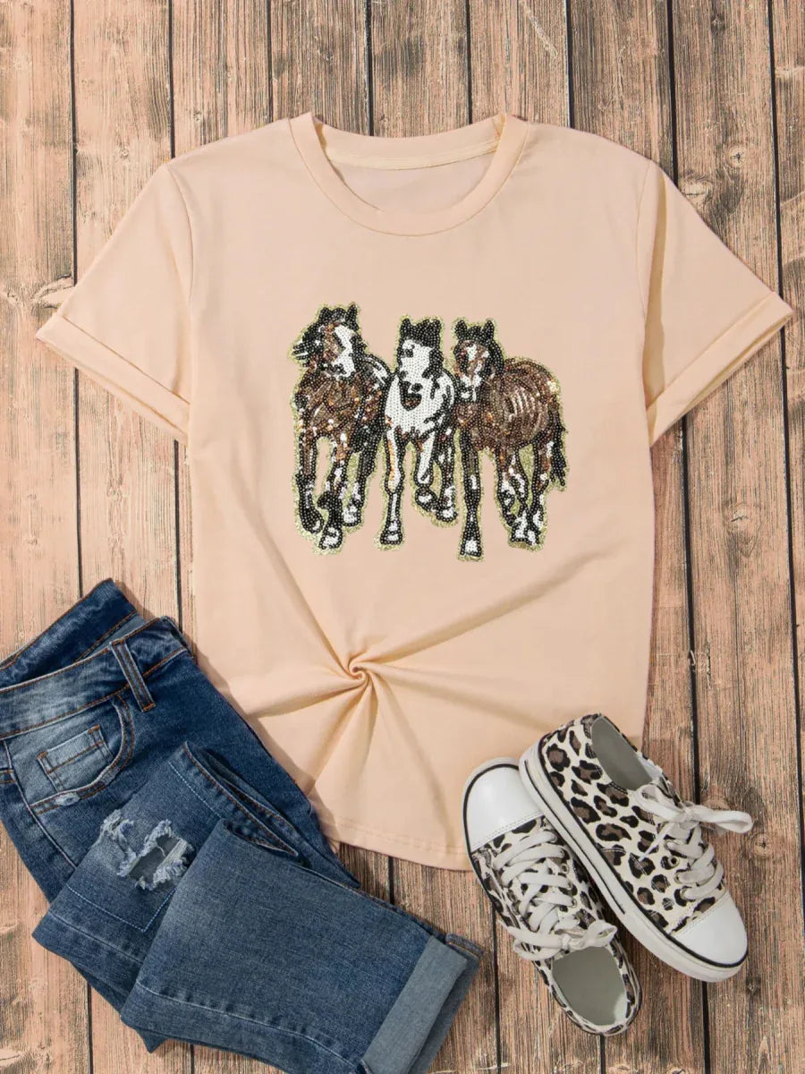 Sequin Horses Casual Crewneck T Shirt Bazaare Mart Sequin Horses Patched Casual Crewneck T Shirt