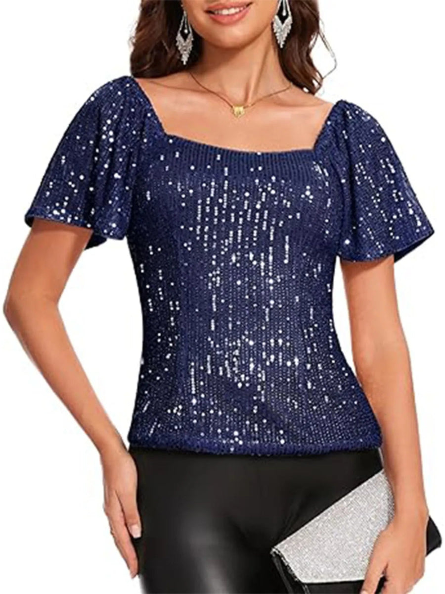 Sequin Square Neck Short Sleeve Blouse - Bazaare Mart