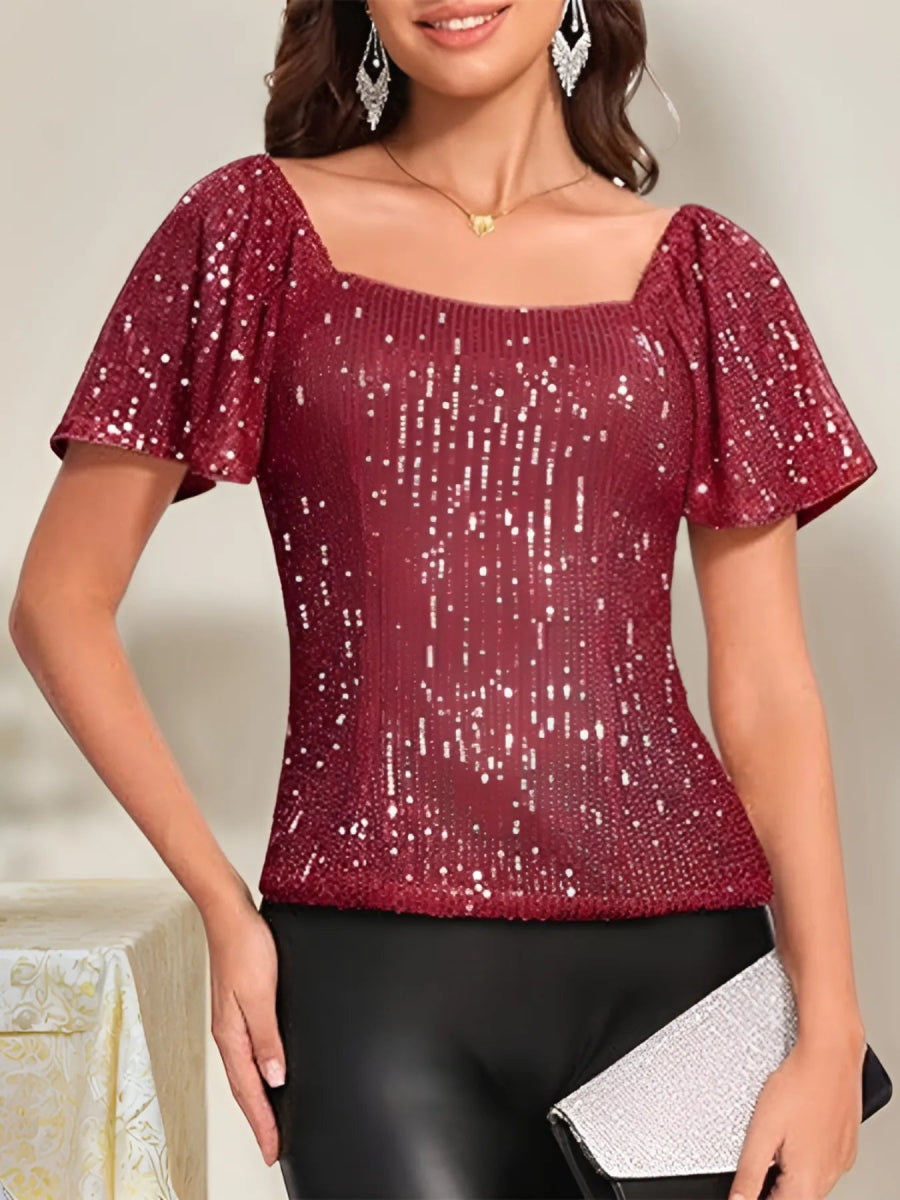 Sequin Square Neck Short Sleeve Blouse - Bazaare Mart
